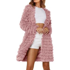 PRETTYGARDEN Women’s Winter Faux Fur Jackets Fall Fashion Open Front Long Shaggy Coat Outerwear