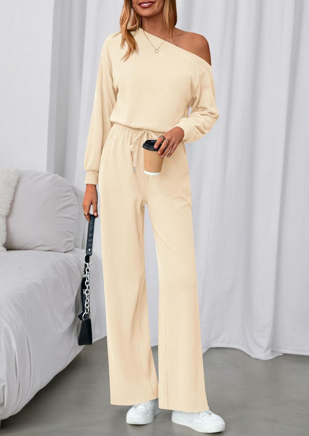 imagePRETTYGARDEN Long Sleeve Jumpsuit For Women Dressy 2026 Off Shoulder One Piece Loose Wide Leg Jumpsuits Casual Flowy RomperApricot