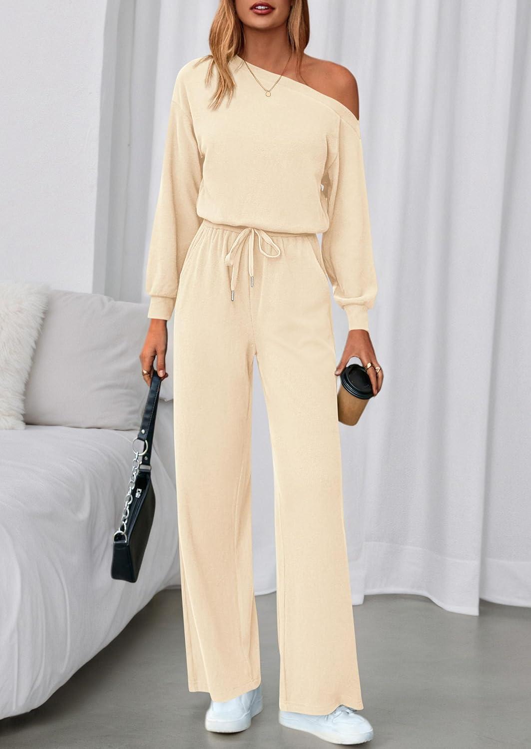 imagePRETTYGARDEN Long Sleeve Jumpsuit For Women Dressy 2026 Off Shoulder One Piece Loose Wide Leg Jumpsuits Casual Flowy RomperApricot