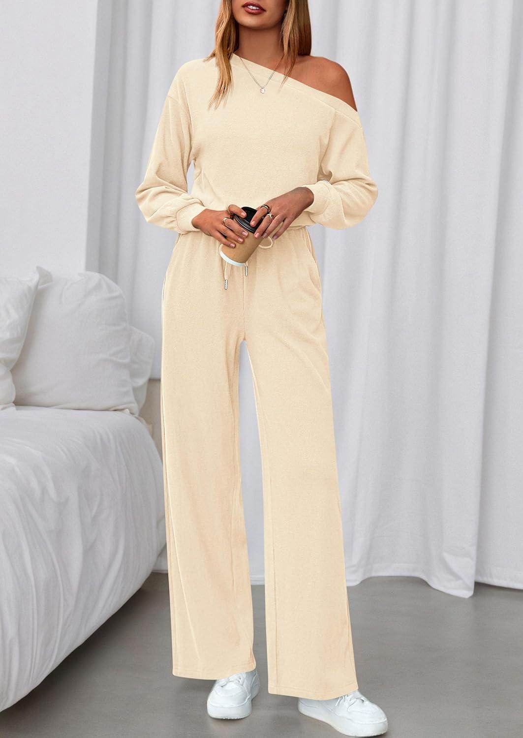 imagePRETTYGARDEN Long Sleeve Jumpsuit For Women Dressy 2026 Off Shoulder One Piece Loose Wide Leg Jumpsuits Casual Flowy RomperApricot