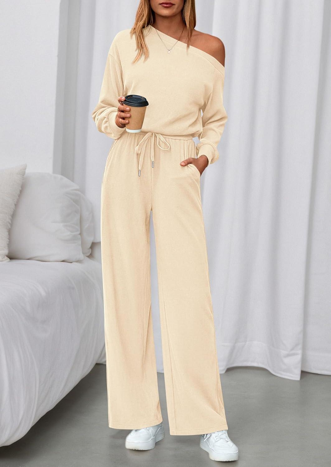 imagePRETTYGARDEN Long Sleeve Jumpsuit For Women Dressy 2026 Off Shoulder One Piece Loose Wide Leg Jumpsuits Casual Flowy RomperApricot