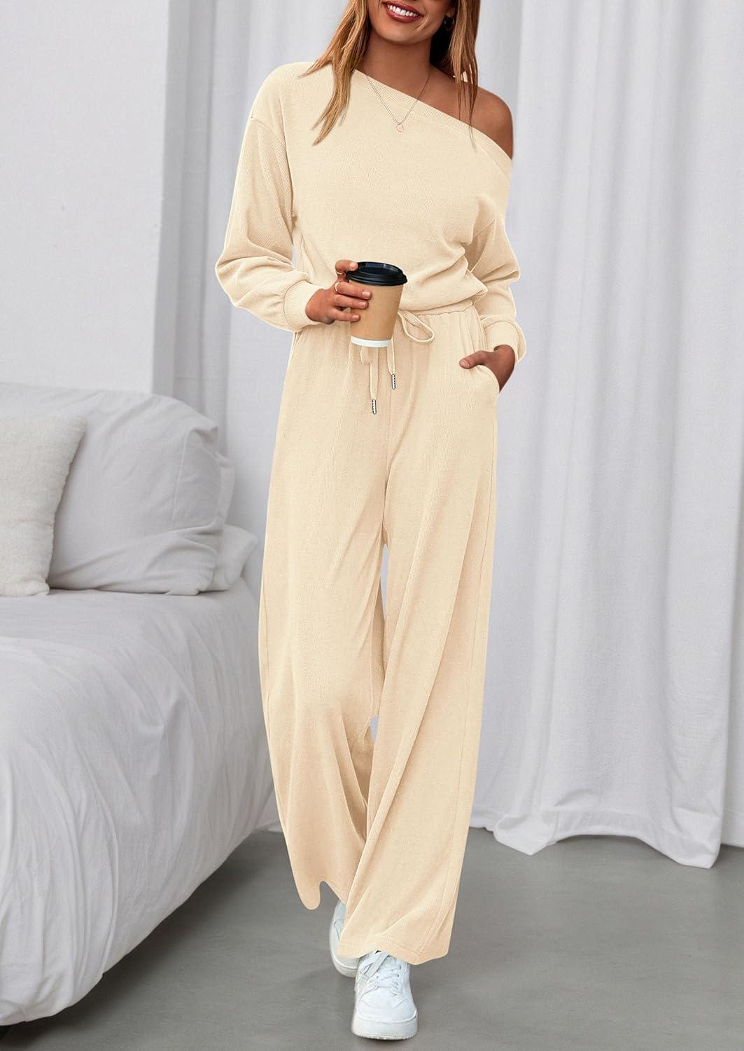 imagePRETTYGARDEN Long Sleeve Jumpsuit For Women Dressy 2026 Off Shoulder One Piece Loose Wide Leg Jumpsuits Casual Flowy RomperApricot