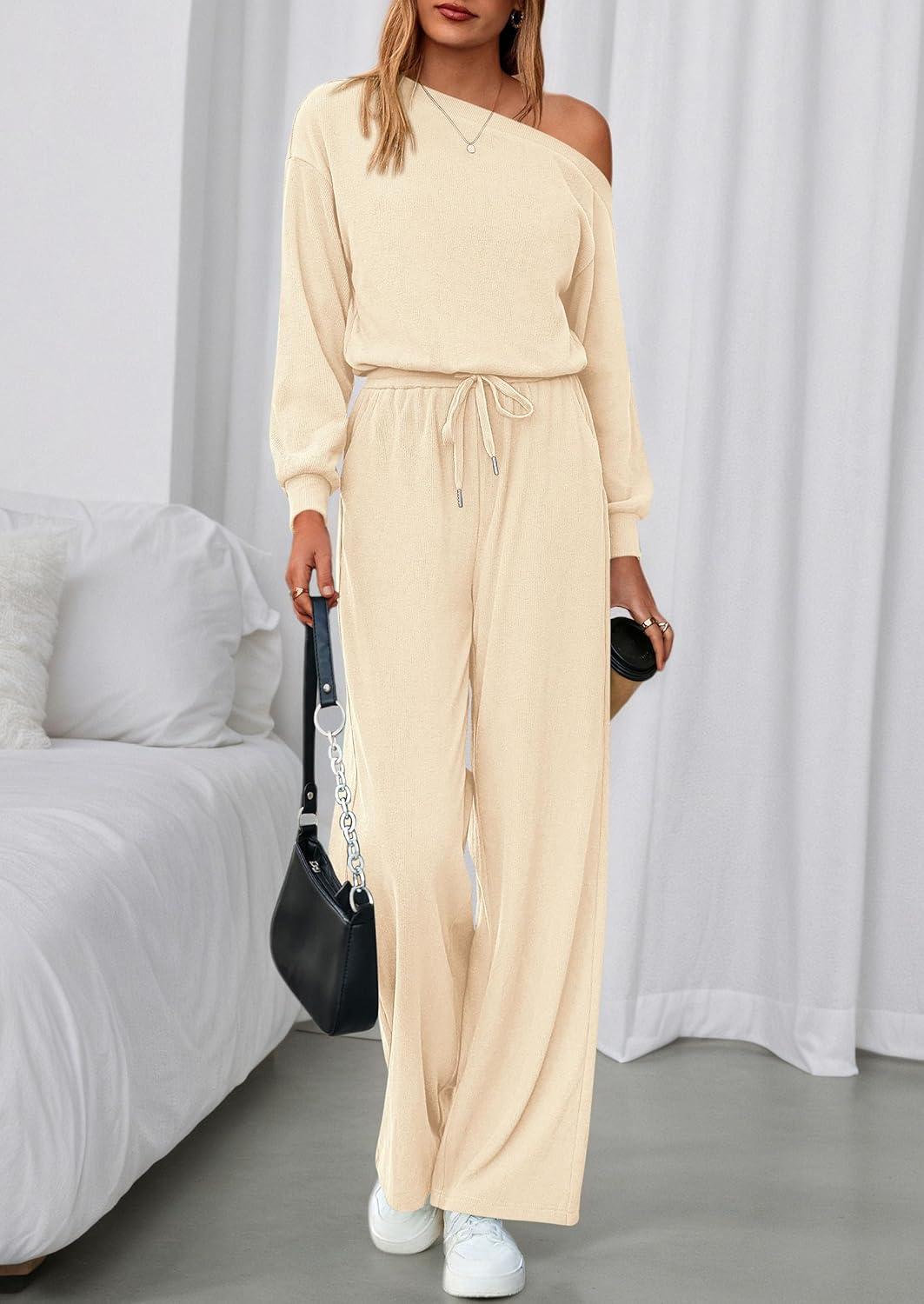 imagePRETTYGARDEN Long Sleeve Jumpsuit For Women Dressy 2026 Off Shoulder One Piece Loose Wide Leg Jumpsuits Casual Flowy RomperApricot