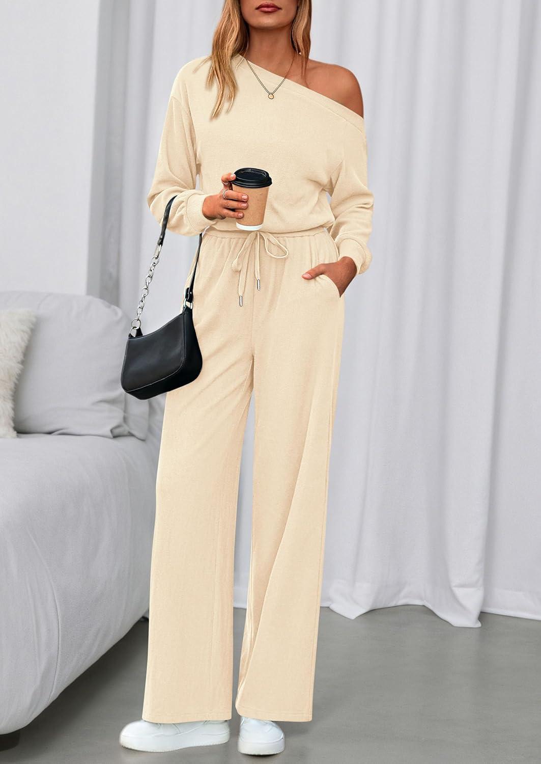 imagePRETTYGARDEN Long Sleeve Jumpsuit For Women Dressy 2026 Off Shoulder One Piece Loose Wide Leg Jumpsuits Casual Flowy RomperApricot
