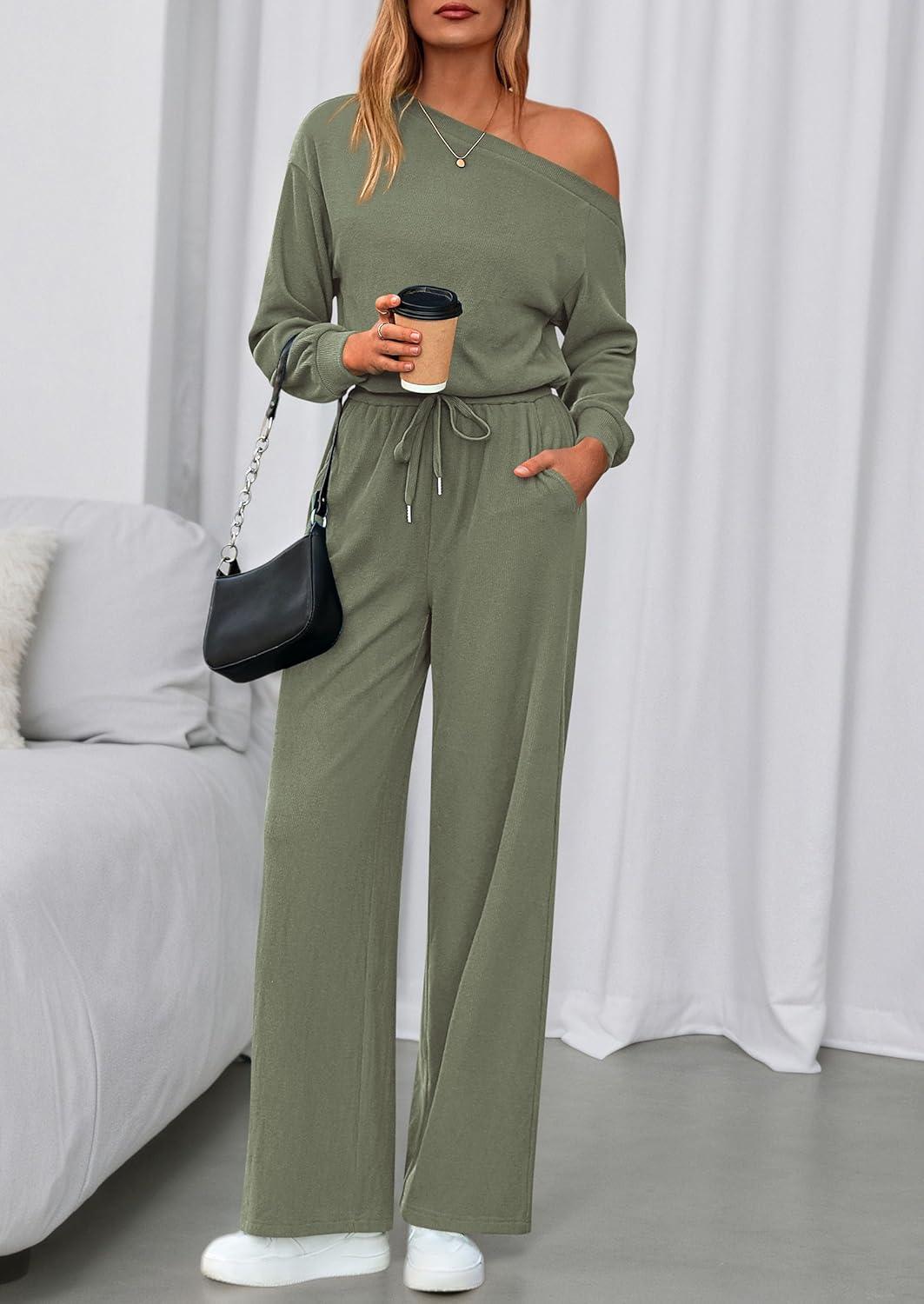 imagePRETTYGARDEN Long Sleeve Jumpsuit For Women Dressy 2026 Off Shoulder One Piece Loose Wide Leg Jumpsuits Casual Flowy RomperBean Green