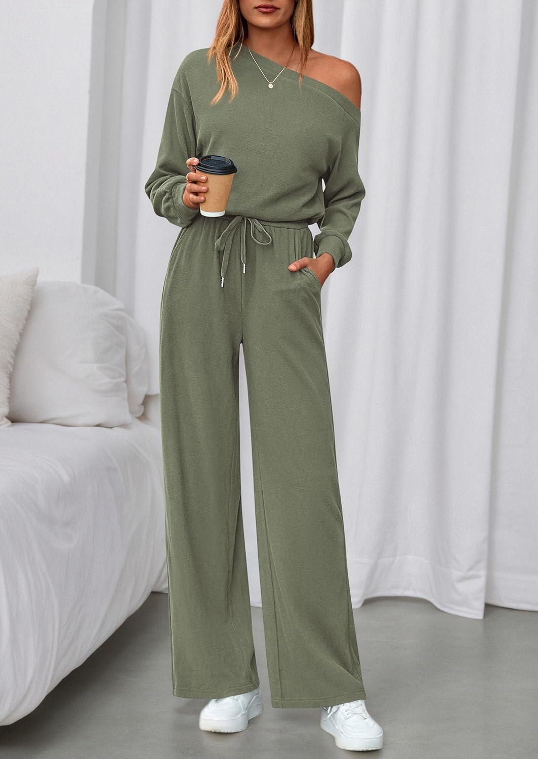 imagePRETTYGARDEN Long Sleeve Jumpsuit For Women Dressy 2026 Off Shoulder One Piece Loose Wide Leg Jumpsuits Casual Flowy RomperBean Green
