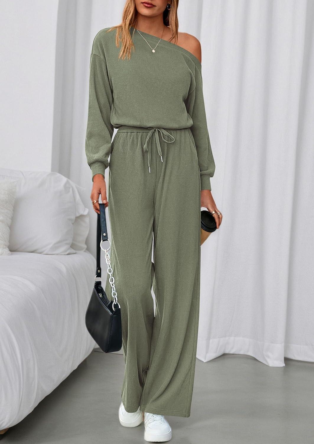 imagePRETTYGARDEN Long Sleeve Jumpsuit For Women Dressy 2026 Off Shoulder One Piece Loose Wide Leg Jumpsuits Casual Flowy RomperBean Green