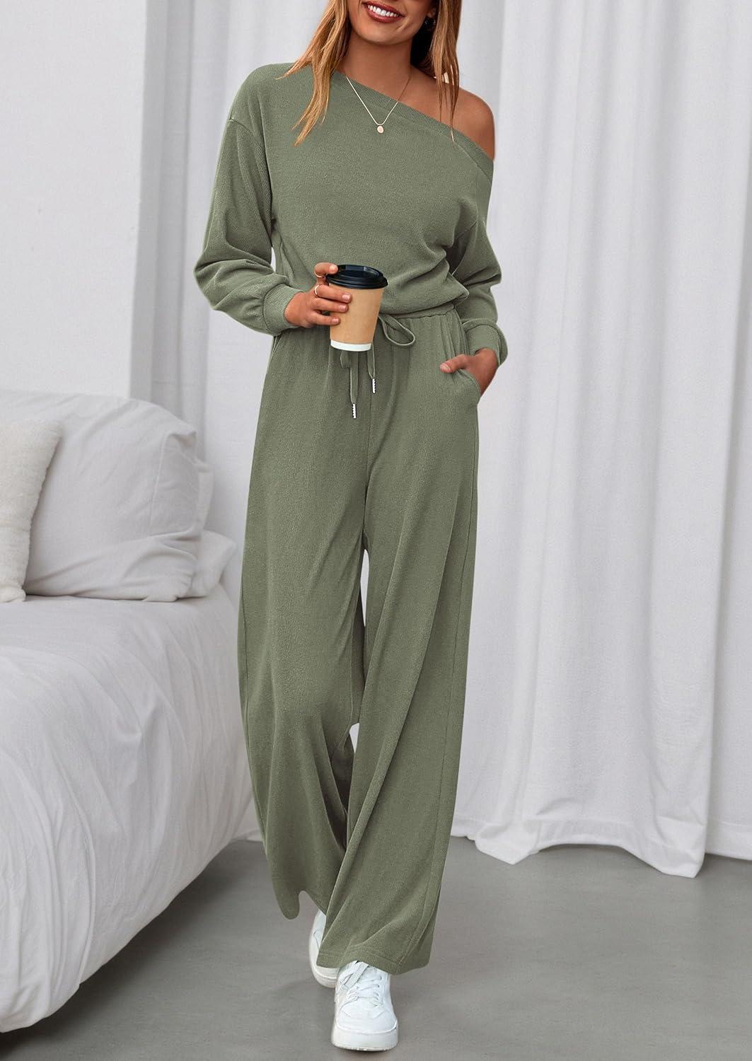 imagePRETTYGARDEN Long Sleeve Jumpsuit For Women Dressy 2026 Off Shoulder One Piece Loose Wide Leg Jumpsuits Casual Flowy RomperBean Green