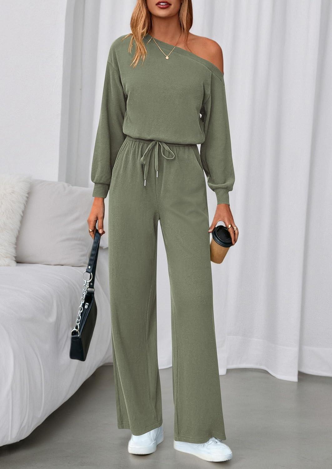 imagePRETTYGARDEN Long Sleeve Jumpsuit For Women Dressy 2026 Off Shoulder One Piece Loose Wide Leg Jumpsuits Casual Flowy RomperBean Green