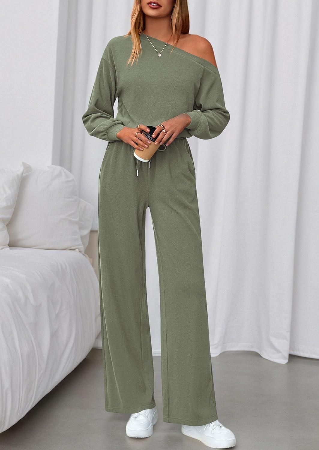 imagePRETTYGARDEN Long Sleeve Jumpsuit For Women Dressy 2026 Off Shoulder One Piece Loose Wide Leg Jumpsuits Casual Flowy RomperBean Green