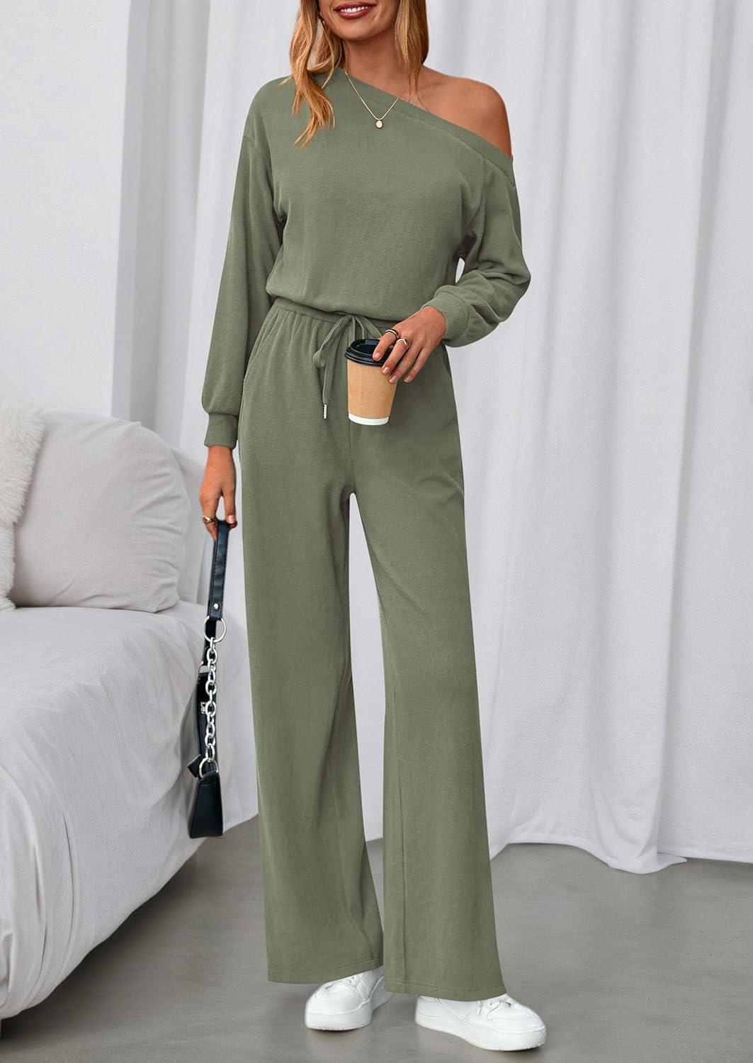 imagePRETTYGARDEN Long Sleeve Jumpsuit For Women Dressy 2026 Off Shoulder One Piece Loose Wide Leg Jumpsuits Casual Flowy RomperBean Green