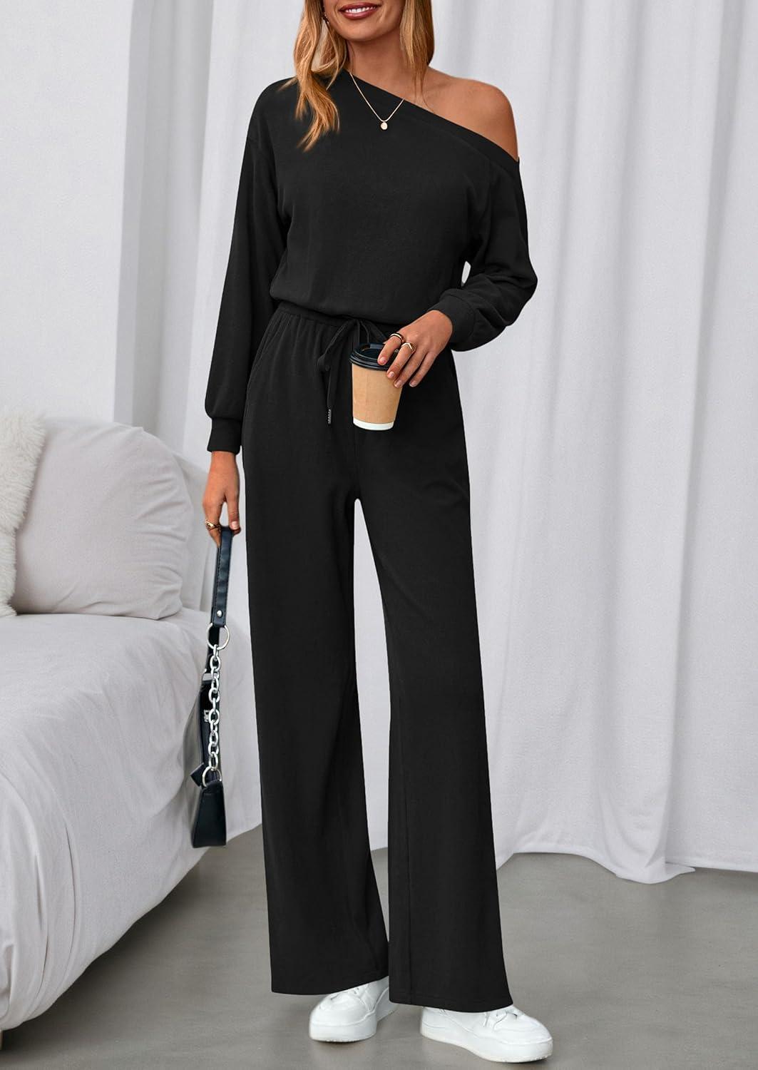 imagePRETTYGARDEN Long Sleeve Jumpsuit For Women Dressy 2026 Off Shoulder One Piece Loose Wide Leg Jumpsuits Casual Flowy RomperBlack