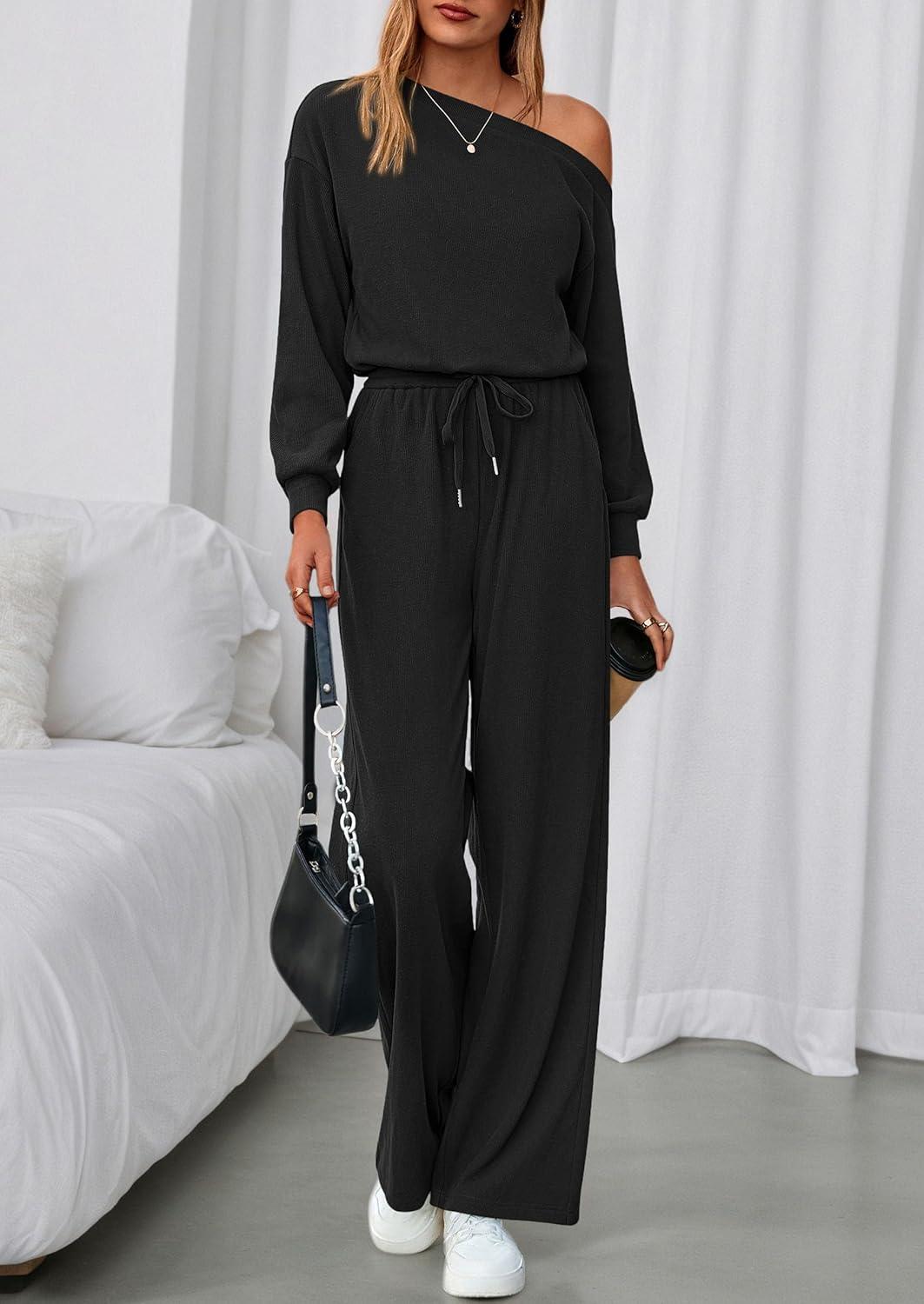 imagePRETTYGARDEN Long Sleeve Jumpsuit For Women Dressy 2026 Off Shoulder One Piece Loose Wide Leg Jumpsuits Casual Flowy RomperBlack