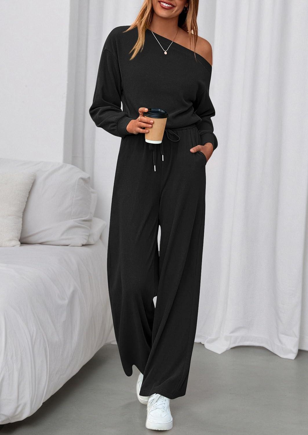 imagePRETTYGARDEN Long Sleeve Jumpsuit For Women Dressy 2026 Off Shoulder One Piece Loose Wide Leg Jumpsuits Casual Flowy RomperBlack
