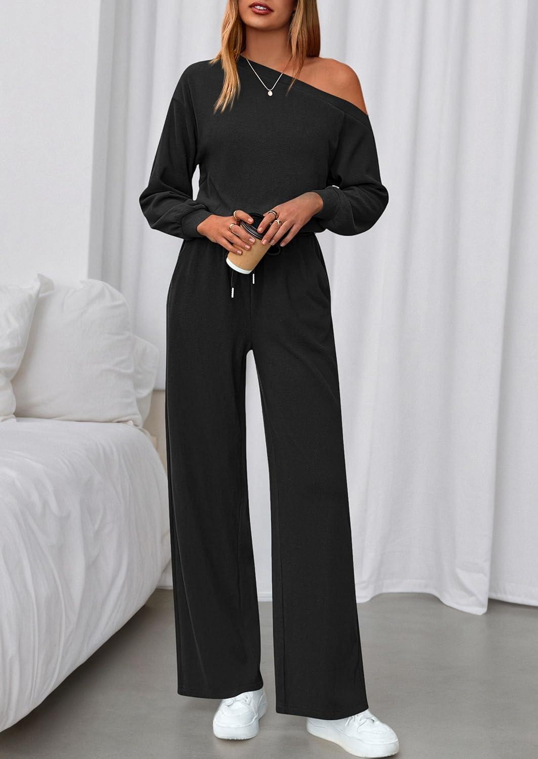 imagePRETTYGARDEN Long Sleeve Jumpsuit For Women Dressy 2026 Off Shoulder One Piece Loose Wide Leg Jumpsuits Casual Flowy RomperBlack