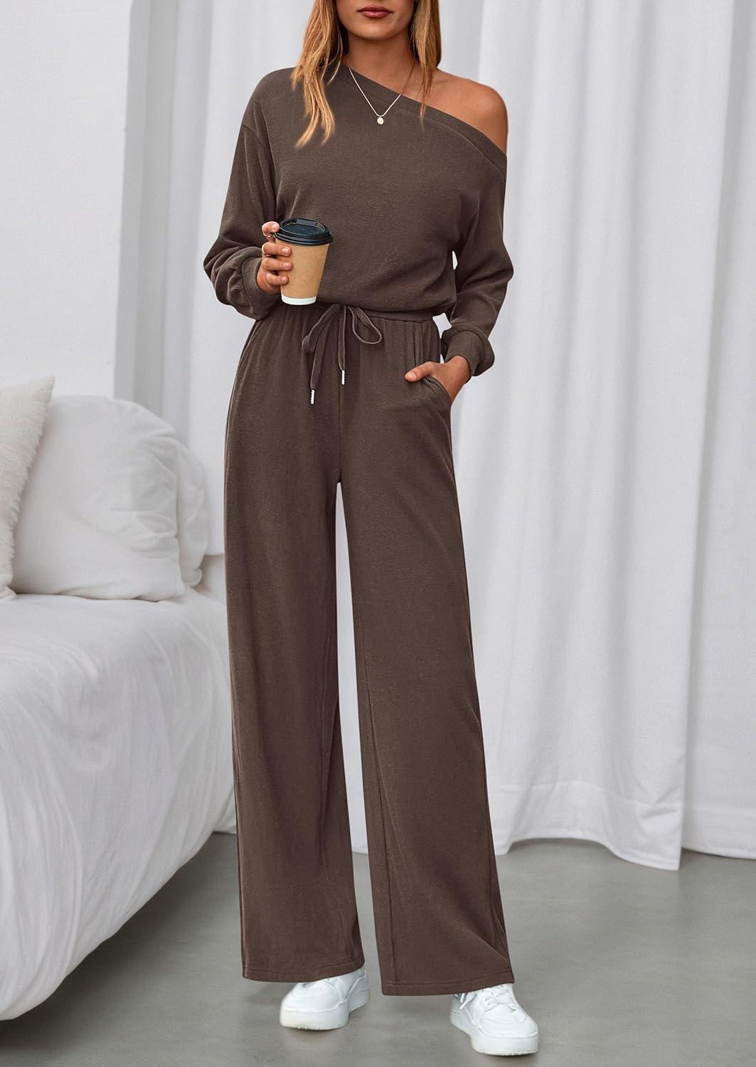 imagePRETTYGARDEN Long Sleeve Jumpsuit For Women Dressy 2026 Off Shoulder One Piece Loose Wide Leg Jumpsuits Casual Flowy RomperBrown