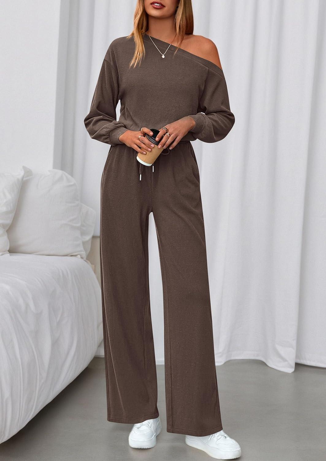 imagePRETTYGARDEN Long Sleeve Jumpsuit For Women Dressy 2026 Off Shoulder One Piece Loose Wide Leg Jumpsuits Casual Flowy RomperBrown