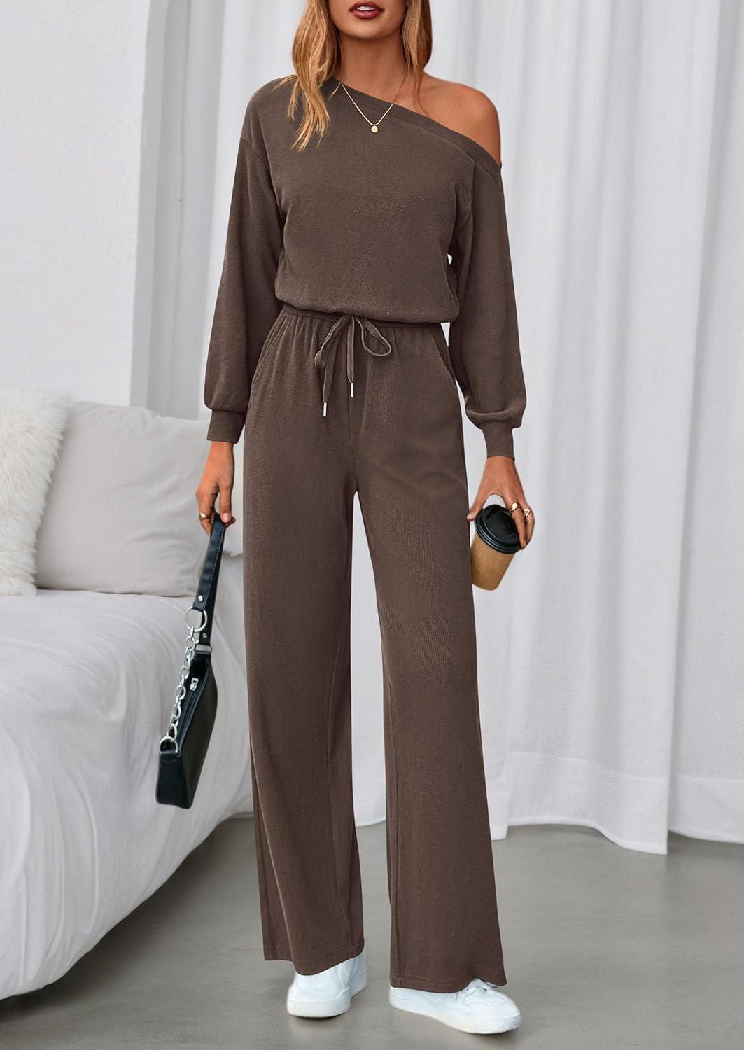 imagePRETTYGARDEN Long Sleeve Jumpsuit For Women Dressy 2026 Off Shoulder One Piece Loose Wide Leg Jumpsuits Casual Flowy RomperBrown