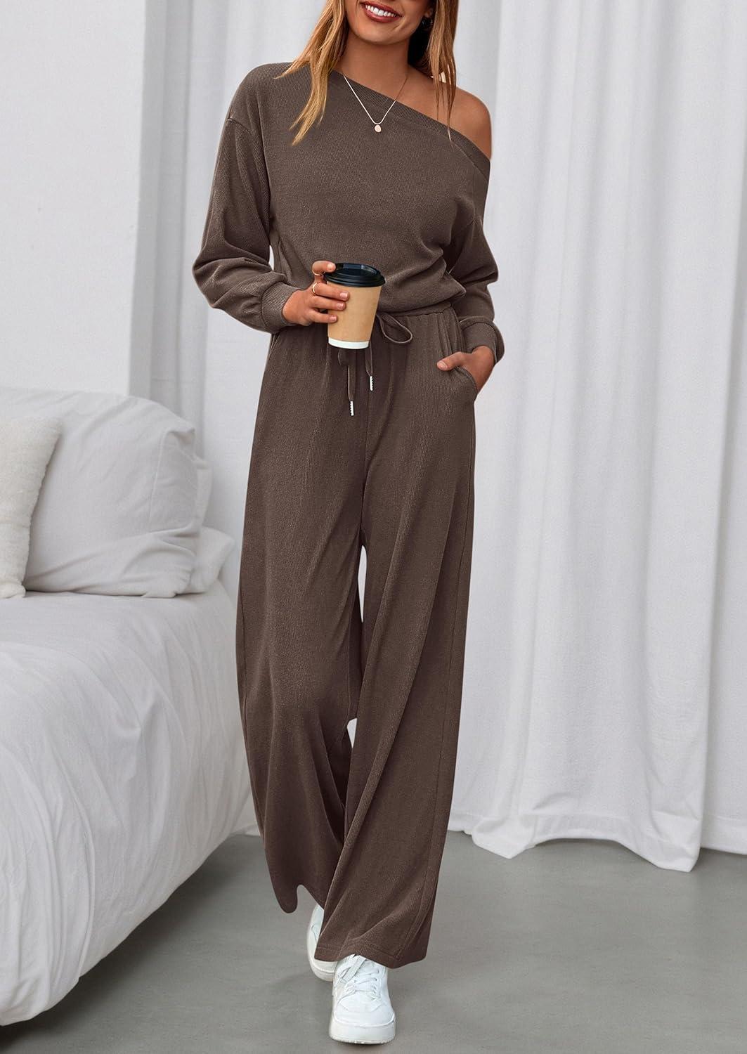 imagePRETTYGARDEN Long Sleeve Jumpsuit For Women Dressy 2026 Off Shoulder One Piece Loose Wide Leg Jumpsuits Casual Flowy RomperBrown