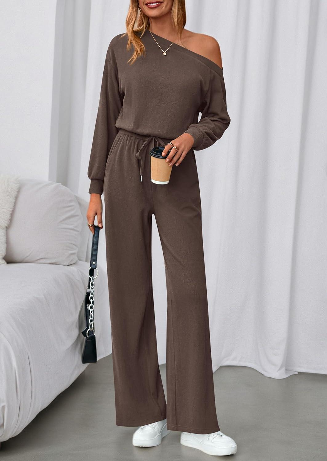 imagePRETTYGARDEN Long Sleeve Jumpsuit For Women Dressy 2026 Off Shoulder One Piece Loose Wide Leg Jumpsuits Casual Flowy RomperBrown