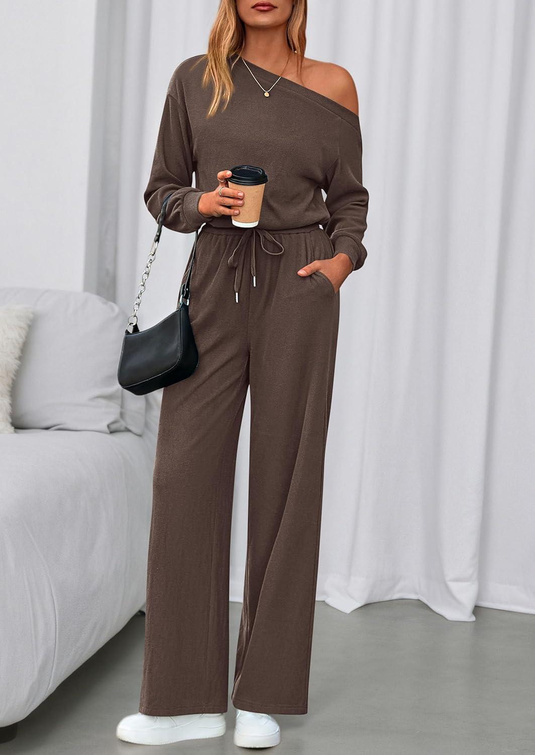 imagePRETTYGARDEN Long Sleeve Jumpsuit For Women Dressy 2026 Off Shoulder One Piece Loose Wide Leg Jumpsuits Casual Flowy RomperBrown