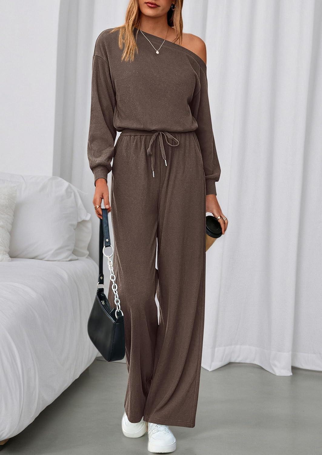 imagePRETTYGARDEN Long Sleeve Jumpsuit For Women Dressy 2026 Off Shoulder One Piece Loose Wide Leg Jumpsuits Casual Flowy RomperBrown