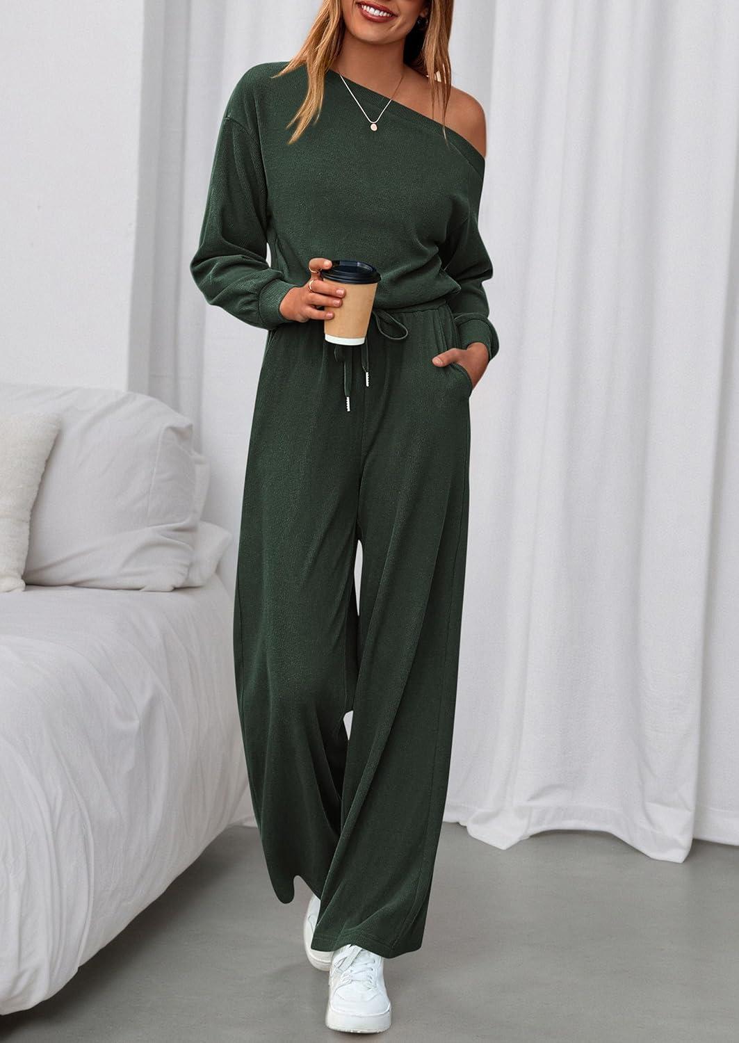 imagePRETTYGARDEN Long Sleeve Jumpsuit For Women Dressy 2026 Off Shoulder One Piece Loose Wide Leg Jumpsuits Casual Flowy RomperDark Army Green