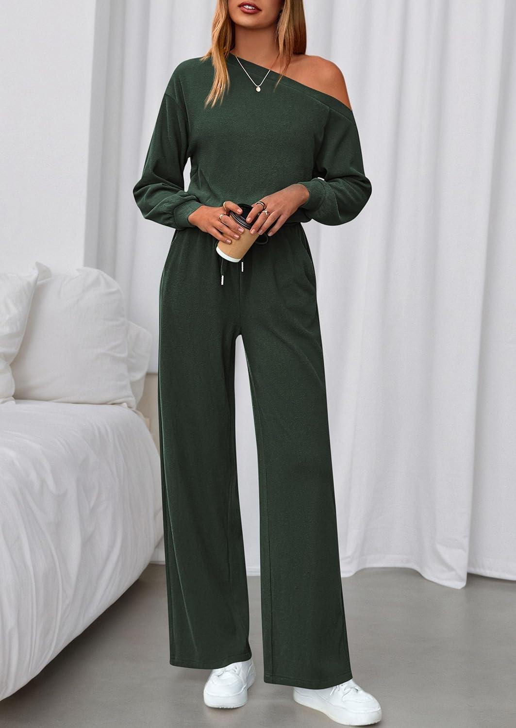 imagePRETTYGARDEN Long Sleeve Jumpsuit For Women Dressy 2026 Off Shoulder One Piece Loose Wide Leg Jumpsuits Casual Flowy RomperDark Army Green