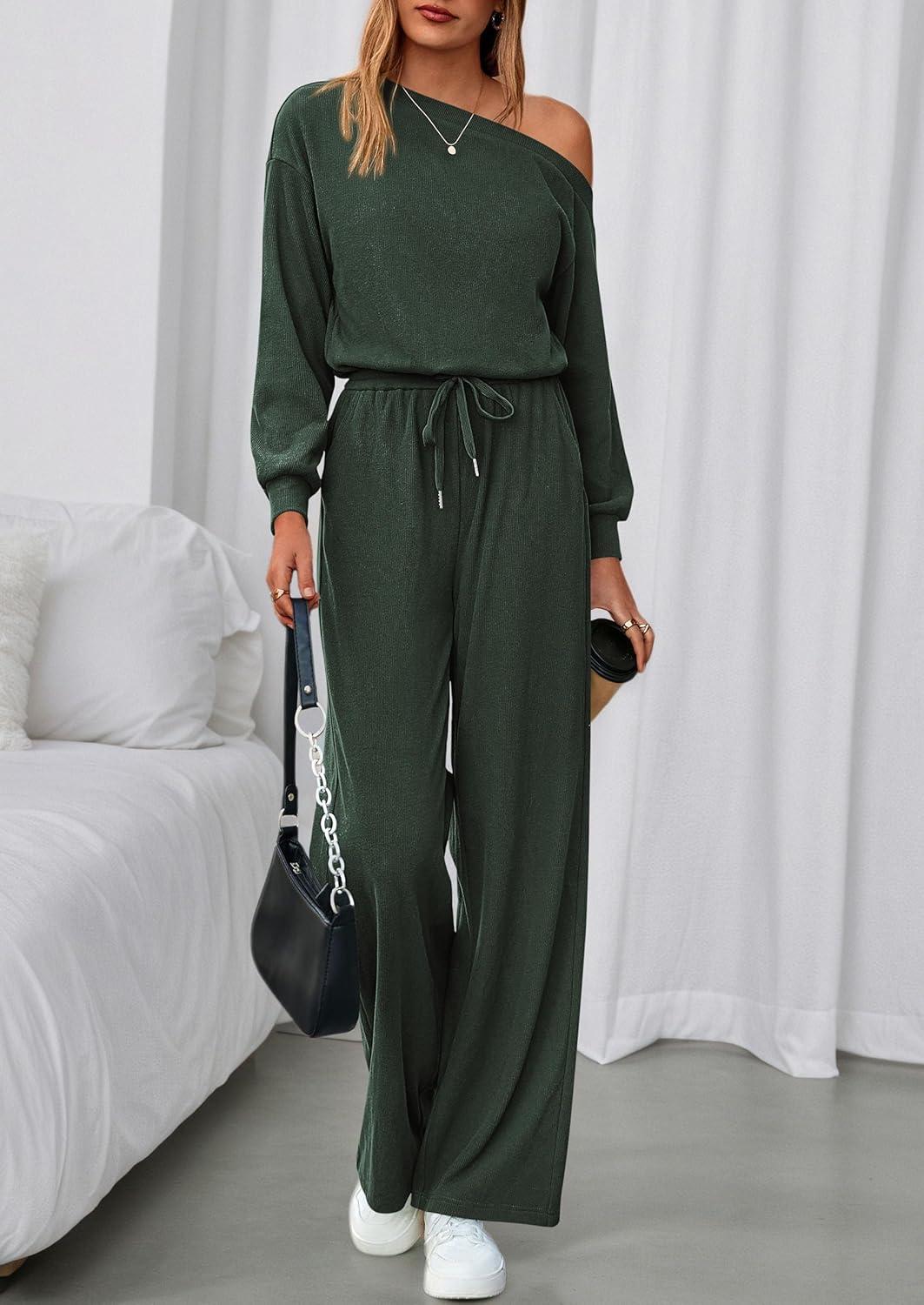 imagePRETTYGARDEN Long Sleeve Jumpsuit For Women Dressy 2026 Off Shoulder One Piece Loose Wide Leg Jumpsuits Casual Flowy RomperDark Army Green