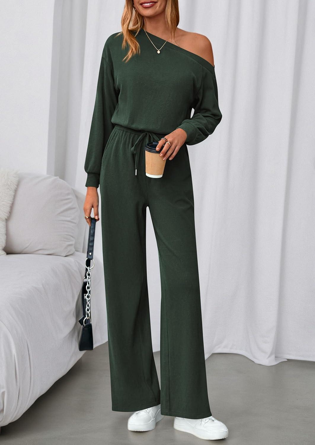 imagePRETTYGARDEN Long Sleeve Jumpsuit For Women Dressy 2026 Off Shoulder One Piece Loose Wide Leg Jumpsuits Casual Flowy RomperDark Army Green