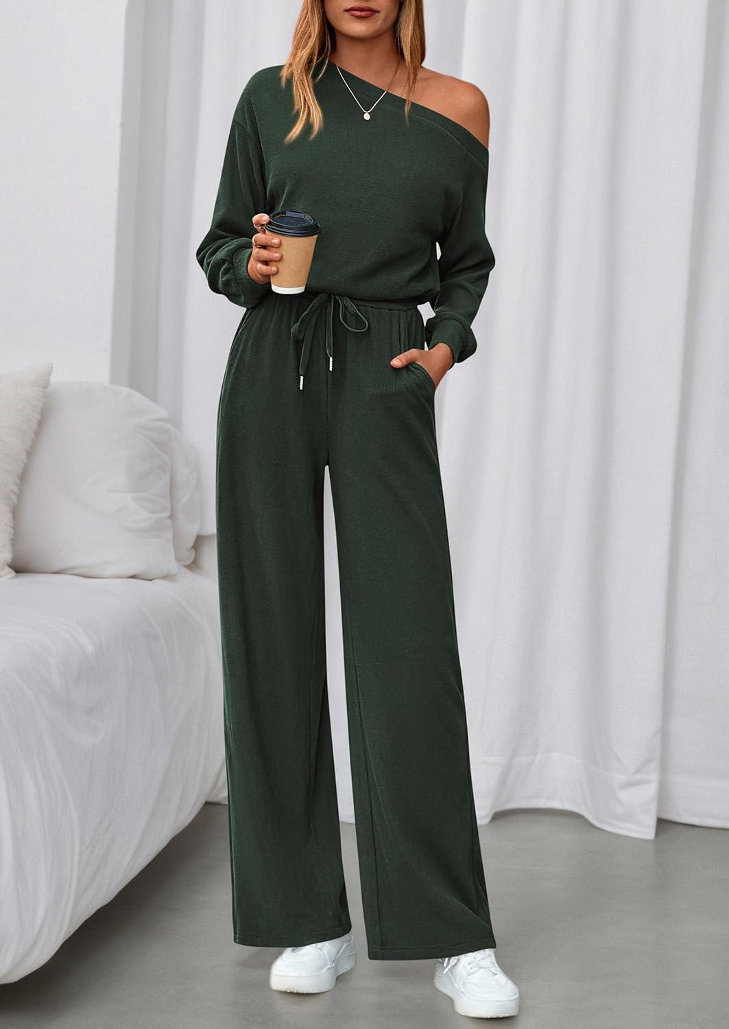 imagePRETTYGARDEN Long Sleeve Jumpsuit For Women Dressy 2026 Off Shoulder One Piece Loose Wide Leg Jumpsuits Casual Flowy RomperDark Army Green