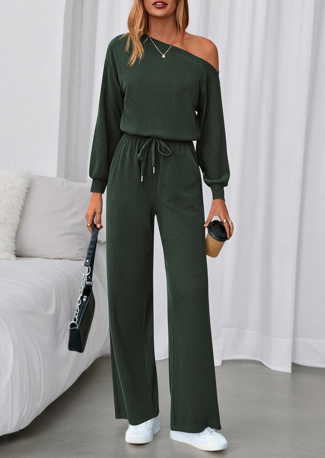 imagePRETTYGARDEN Long Sleeve Jumpsuit For Women Dressy 2026 Off Shoulder One Piece Loose Wide Leg Jumpsuits Casual Flowy RomperDark Army Green