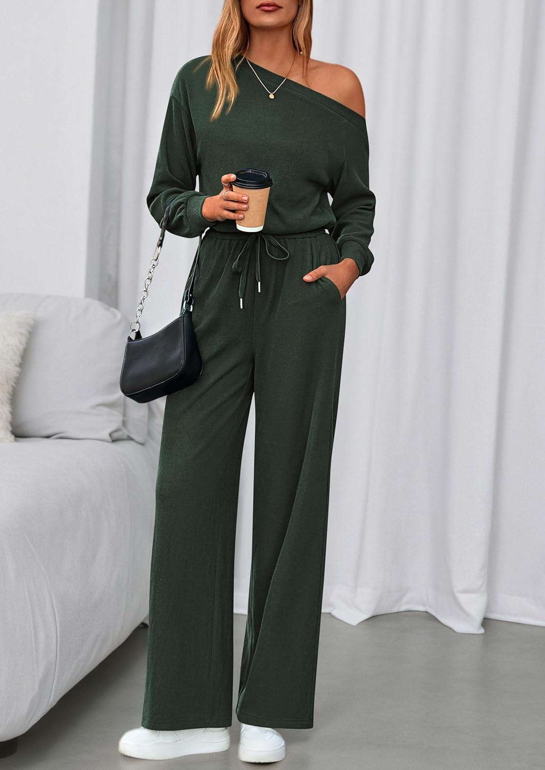 imagePRETTYGARDEN Long Sleeve Jumpsuit For Women Dressy 2026 Off Shoulder One Piece Loose Wide Leg Jumpsuits Casual Flowy RomperDark Army Green