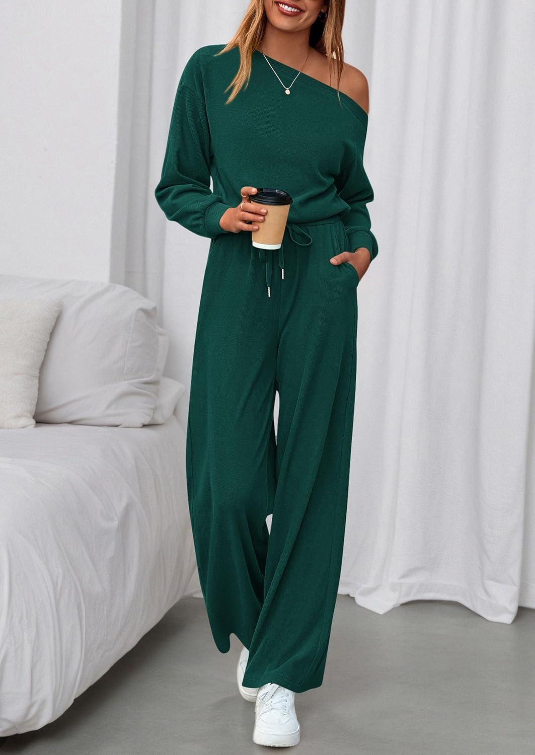 imagePRETTYGARDEN Long Sleeve Jumpsuit For Women Dressy 2026 Off Shoulder One Piece Loose Wide Leg Jumpsuits Casual Flowy RomperDark Green
