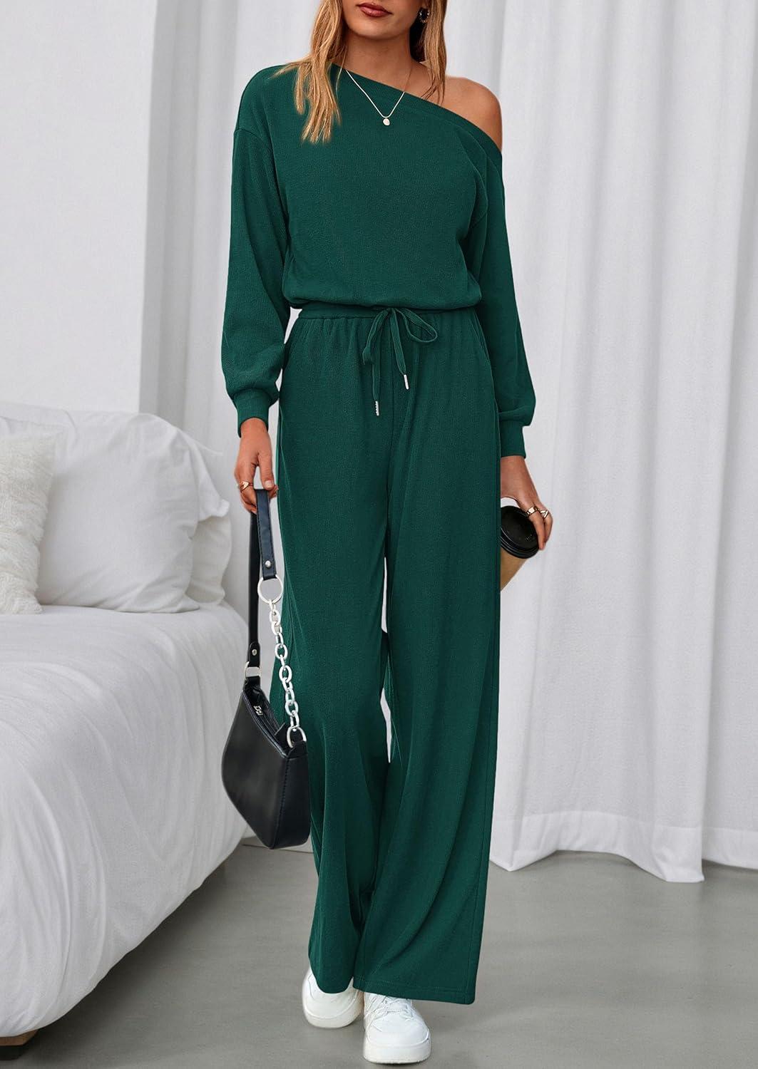 imagePRETTYGARDEN Long Sleeve Jumpsuit For Women Dressy 2026 Off Shoulder One Piece Loose Wide Leg Jumpsuits Casual Flowy RomperDark Green