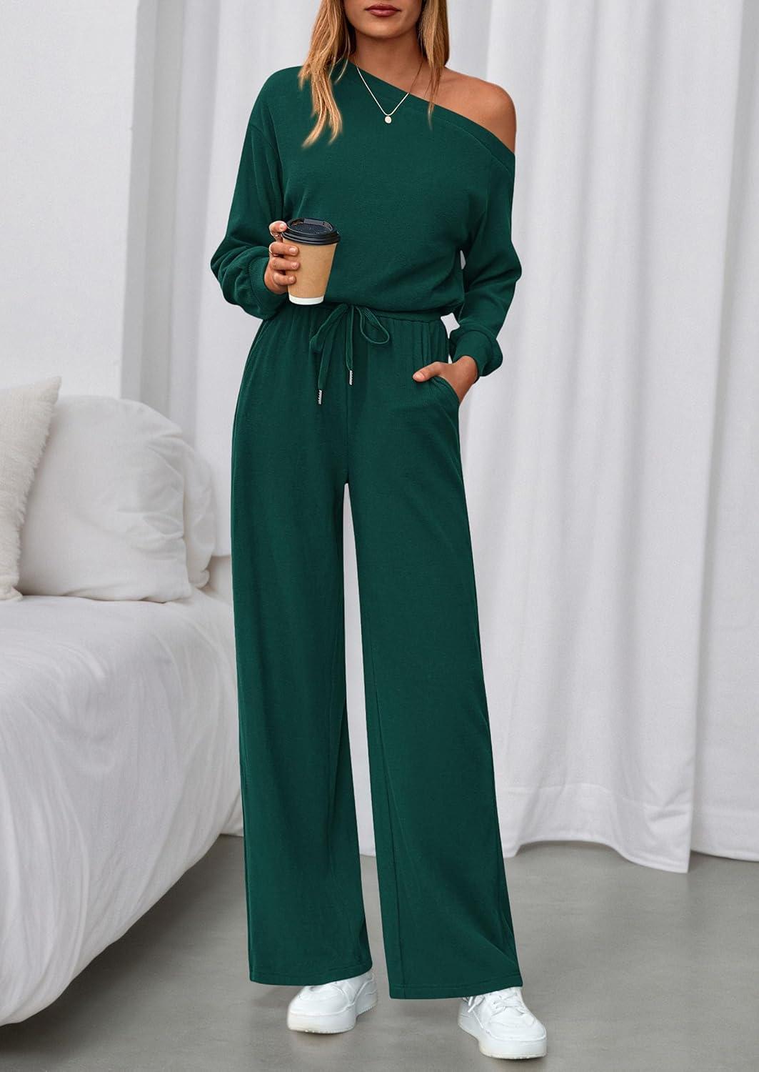 imagePRETTYGARDEN Long Sleeve Jumpsuit For Women Dressy 2026 Off Shoulder One Piece Loose Wide Leg Jumpsuits Casual Flowy RomperDark Green
