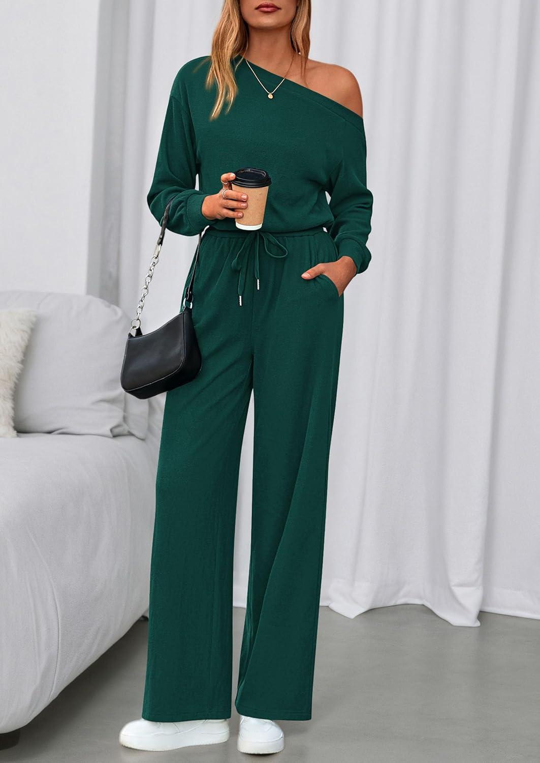 imagePRETTYGARDEN Long Sleeve Jumpsuit For Women Dressy 2026 Off Shoulder One Piece Loose Wide Leg Jumpsuits Casual Flowy RomperDark Green