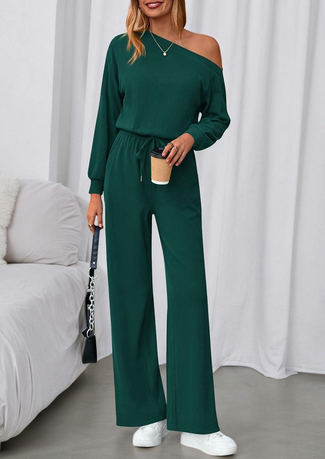 imagePRETTYGARDEN Long Sleeve Jumpsuit For Women Dressy 2026 Off Shoulder One Piece Loose Wide Leg Jumpsuits Casual Flowy RomperDark Green