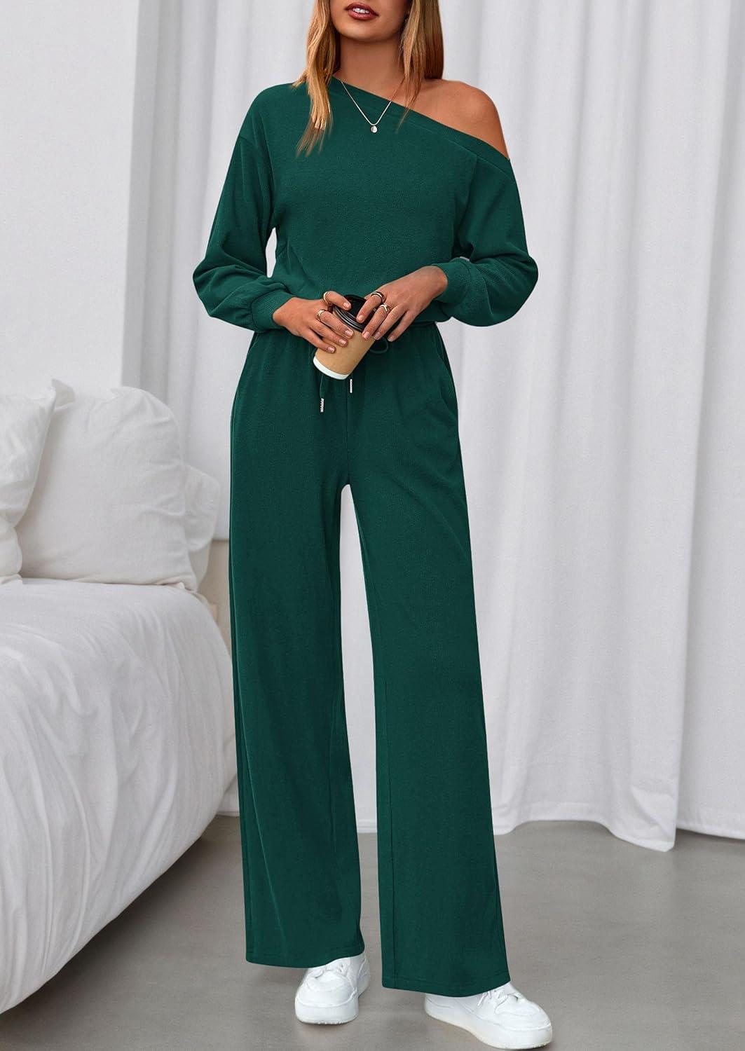 imagePRETTYGARDEN Long Sleeve Jumpsuit For Women Dressy 2026 Off Shoulder One Piece Loose Wide Leg Jumpsuits Casual Flowy RomperDark Green