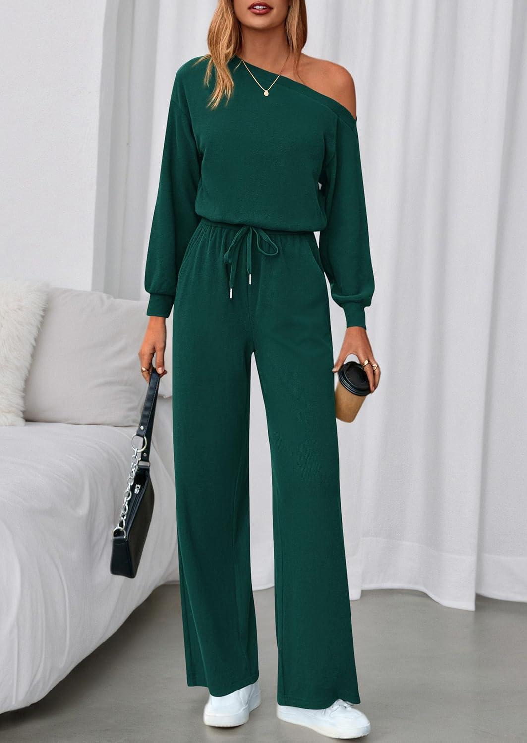 imagePRETTYGARDEN Long Sleeve Jumpsuit For Women Dressy 2026 Off Shoulder One Piece Loose Wide Leg Jumpsuits Casual Flowy RomperDark Green