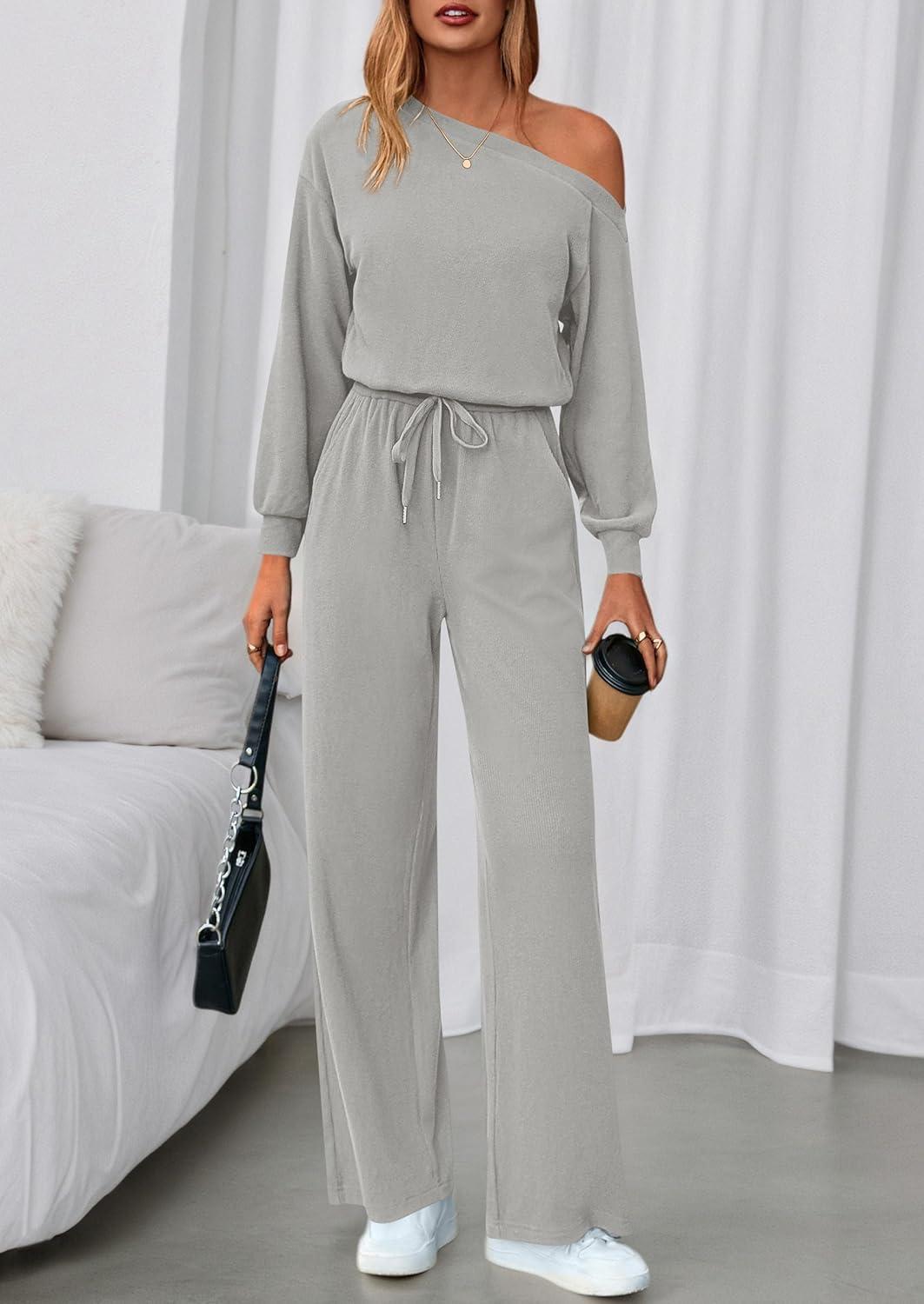 imagePRETTYGARDEN Long Sleeve Jumpsuit For Women Dressy 2026 Off Shoulder One Piece Loose Wide Leg Jumpsuits Casual Flowy RomperGrey