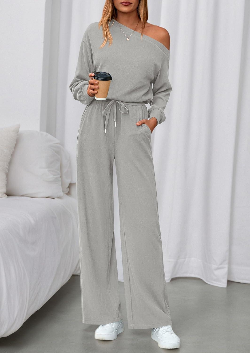 imagePRETTYGARDEN Long Sleeve Jumpsuit For Women Dressy 2026 Off Shoulder One Piece Loose Wide Leg Jumpsuits Casual Flowy RomperGrey