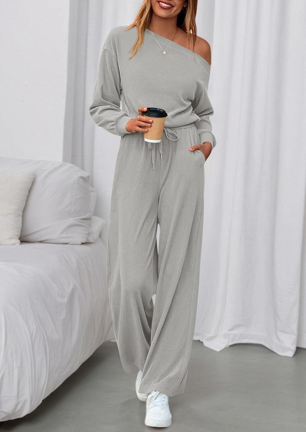 imagePRETTYGARDEN Long Sleeve Jumpsuit For Women Dressy 2026 Off Shoulder One Piece Loose Wide Leg Jumpsuits Casual Flowy RomperGrey