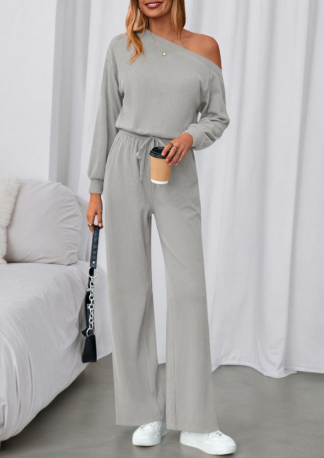 imagePRETTYGARDEN Long Sleeve Jumpsuit For Women Dressy 2026 Off Shoulder One Piece Loose Wide Leg Jumpsuits Casual Flowy RomperGrey