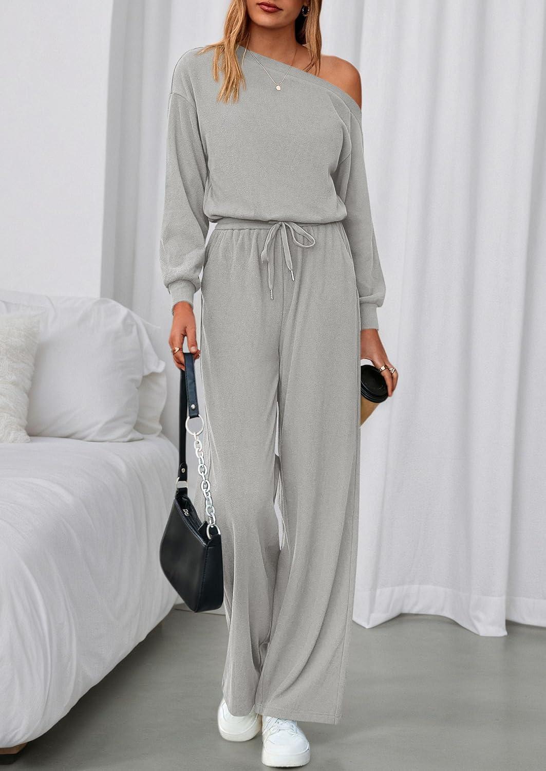 imagePRETTYGARDEN Long Sleeve Jumpsuit For Women Dressy 2026 Off Shoulder One Piece Loose Wide Leg Jumpsuits Casual Flowy RomperGrey