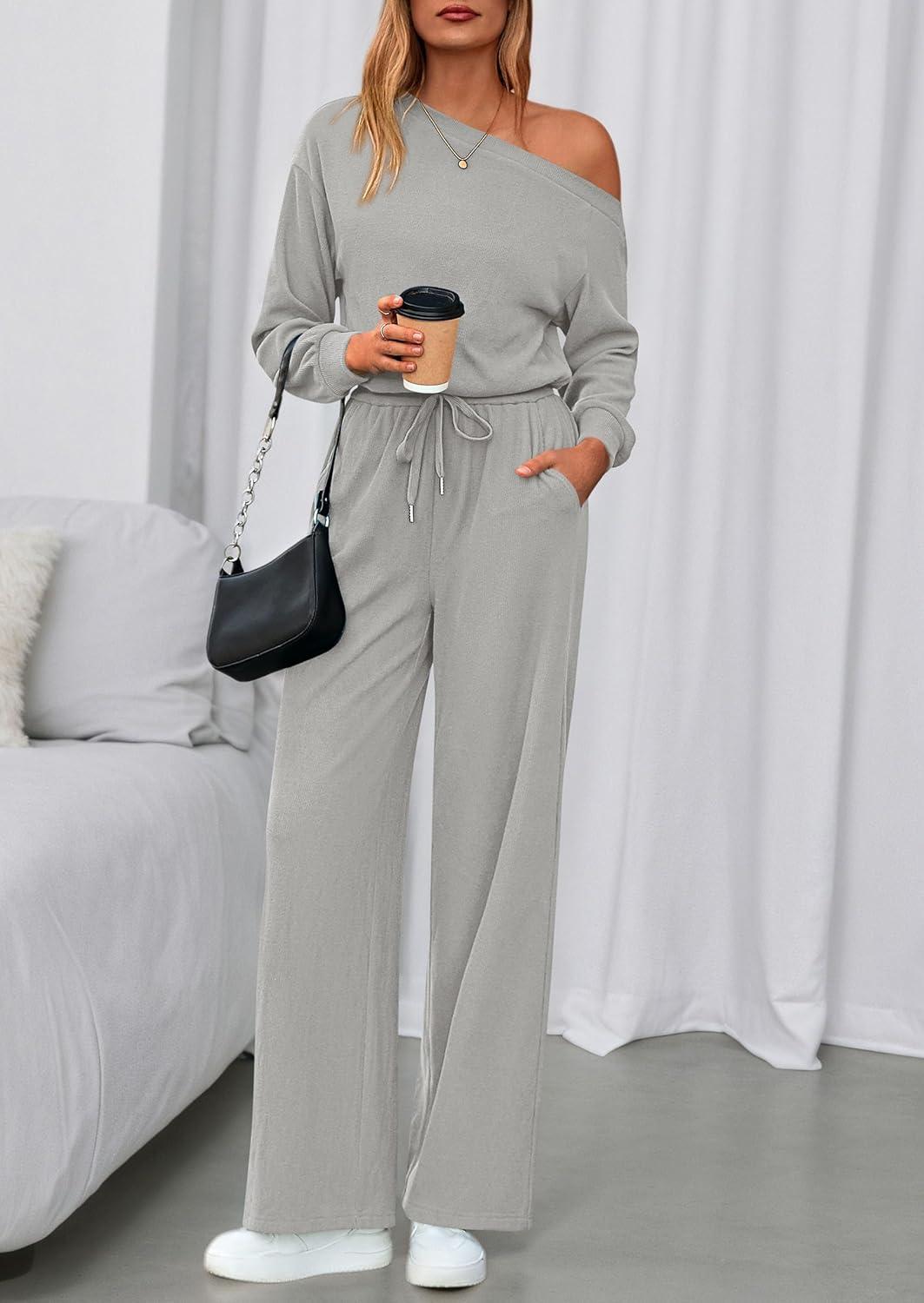 imagePRETTYGARDEN Long Sleeve Jumpsuit For Women Dressy 2026 Off Shoulder One Piece Loose Wide Leg Jumpsuits Casual Flowy RomperGrey