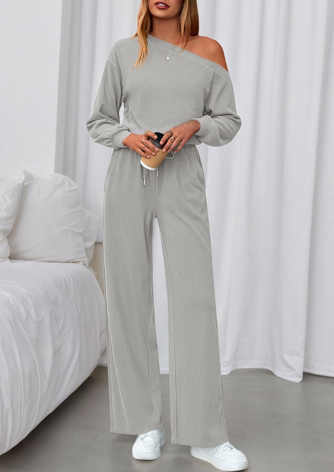 imagePRETTYGARDEN Long Sleeve Jumpsuit For Women Dressy 2026 Off Shoulder One Piece Loose Wide Leg Jumpsuits Casual Flowy RomperGrey