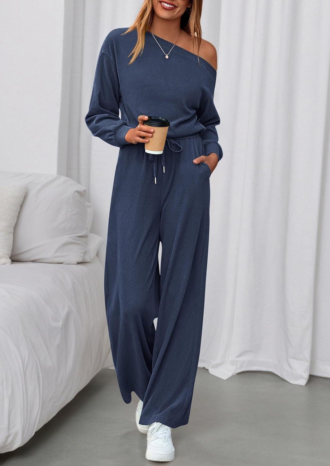 imagePRETTYGARDEN Long Sleeve Jumpsuit For Women Dressy 2026 Off Shoulder One Piece Loose Wide Leg Jumpsuits Casual Flowy RomperNavy