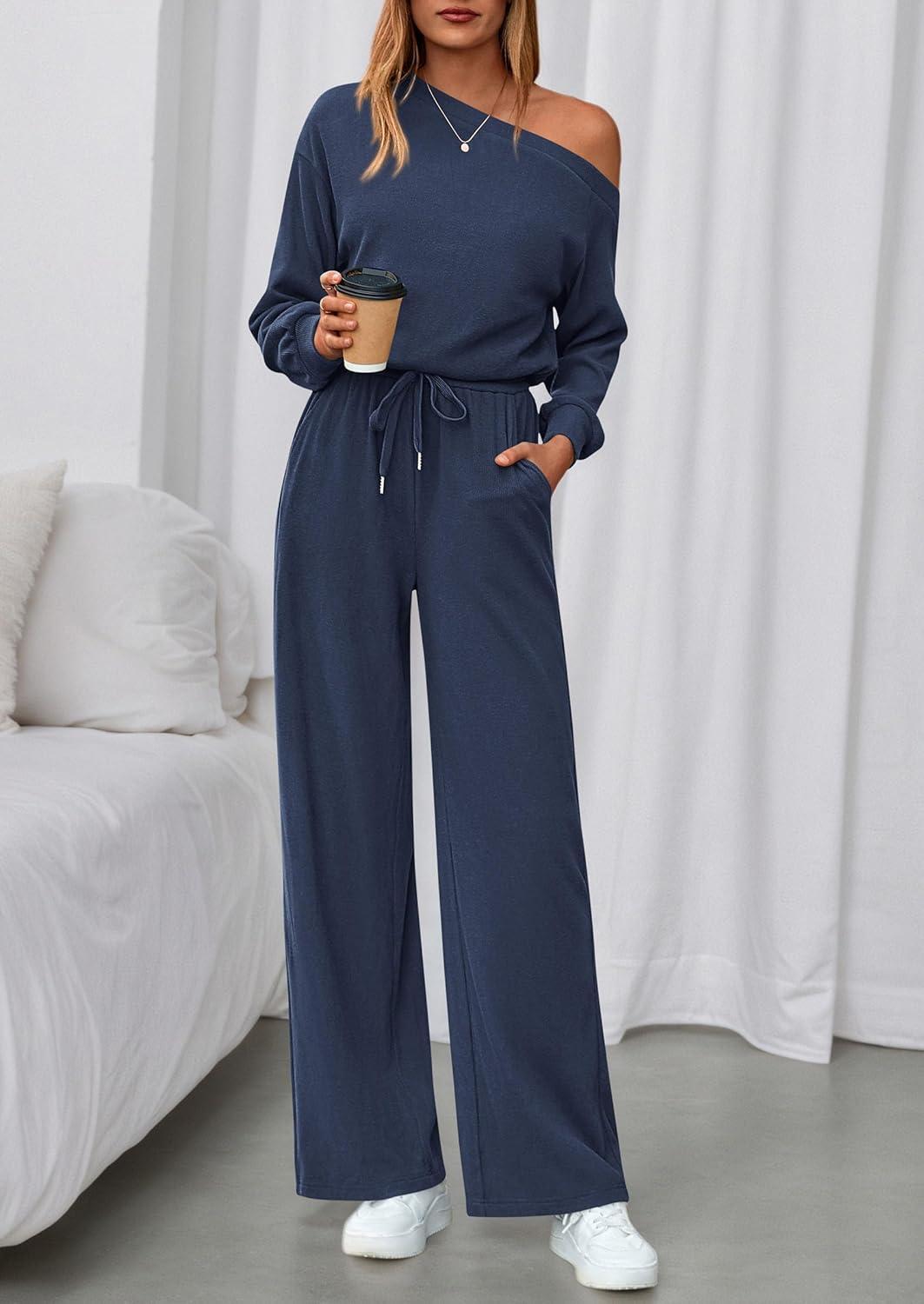 imagePRETTYGARDEN Long Sleeve Jumpsuit For Women Dressy 2026 Off Shoulder One Piece Loose Wide Leg Jumpsuits Casual Flowy RomperNavy