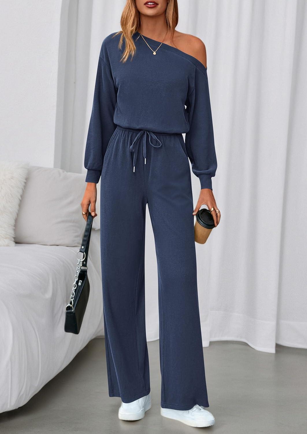 imagePRETTYGARDEN Long Sleeve Jumpsuit For Women Dressy 2026 Off Shoulder One Piece Loose Wide Leg Jumpsuits Casual Flowy RomperNavy